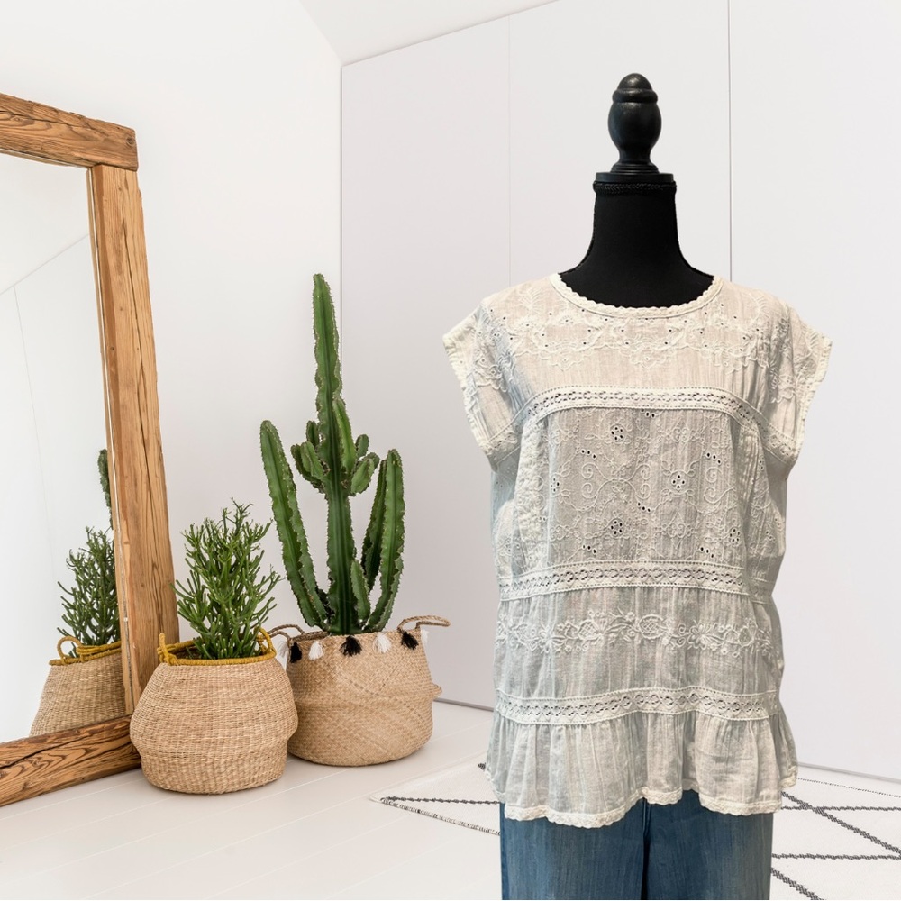 Sundance Cap Sleeve Crochet Eyelet Embroidered Trim Top